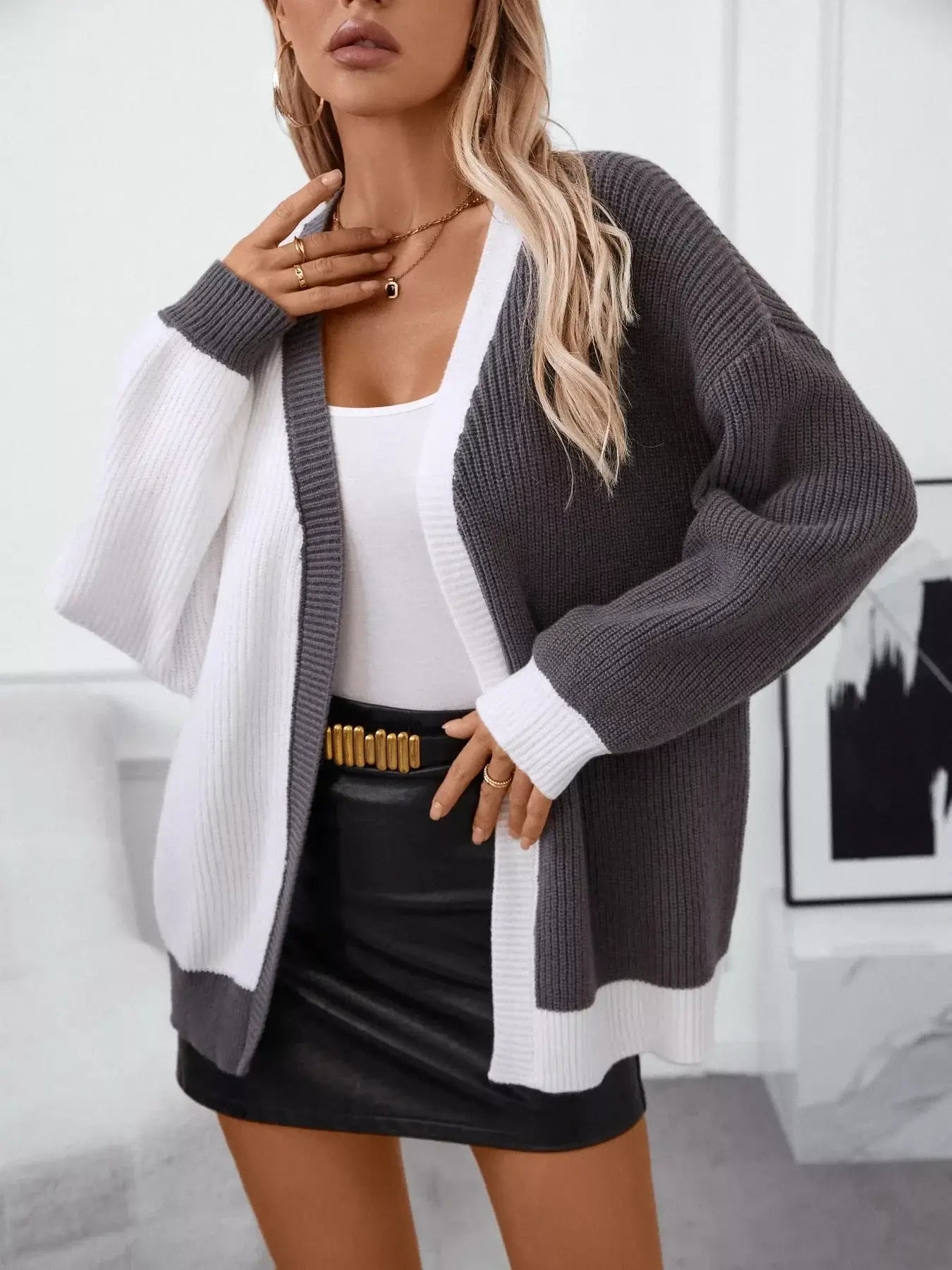 Color Block Open Front Knit Cardigan - Trendsi - Flyclothing LLC