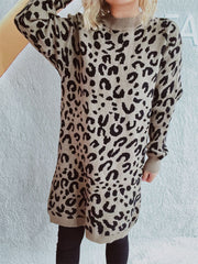 Leopard Round Neck Long Sleeve Sweater - Trendsi