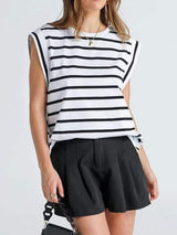 Striped Round Neck Cap Sleeve T-Shirt - Trendsi - Flyclothing LLC