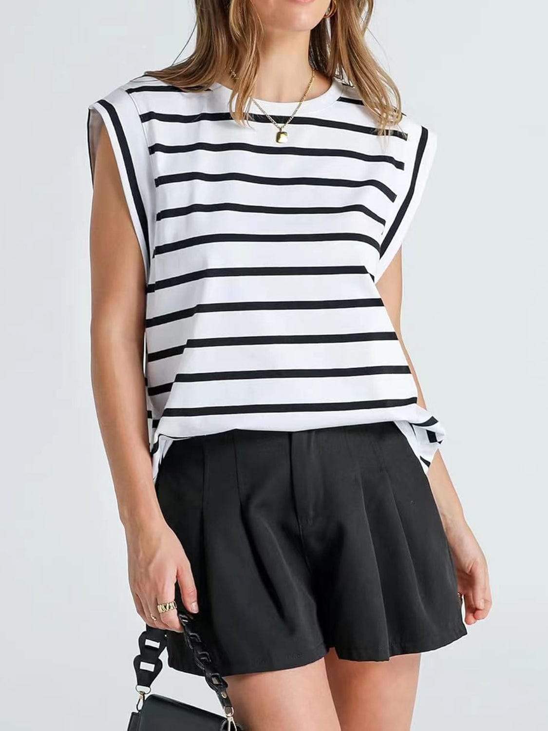 Striped Round Neck Cap Sleeve T-Shirt - Trendsi - Flyclothing LLC