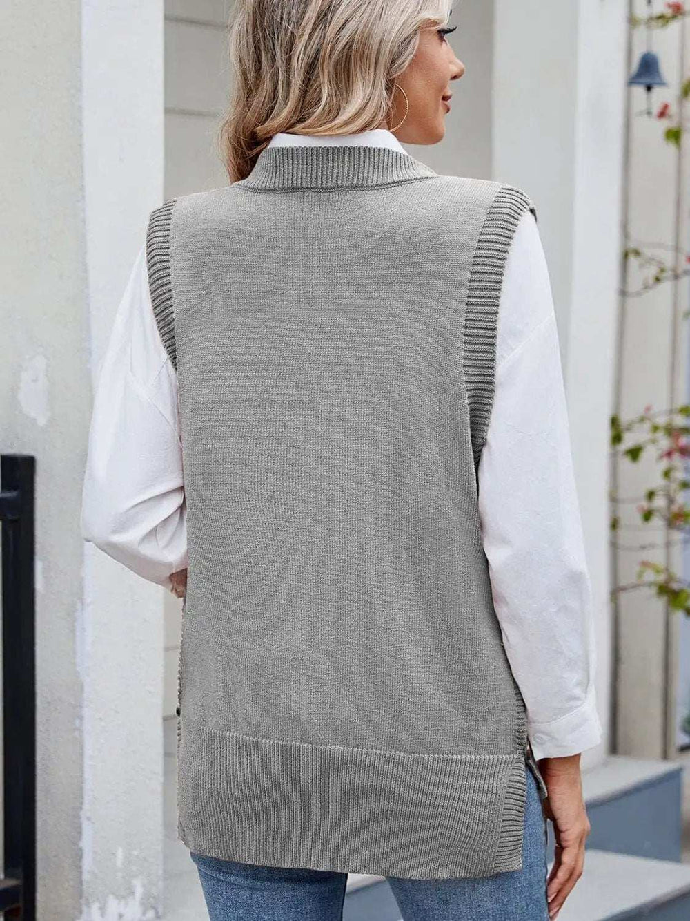 Buttoned Round Neck Sweater Vest - Trendsi - Flyclothing LLC