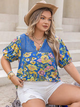 Plus Size Printed Notched Short Sleeve Blouse - Trendsi - Flyclothing LLC