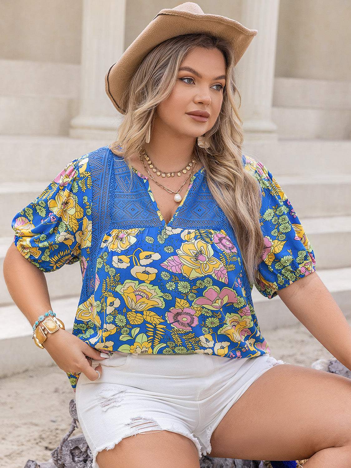 Plus Size Printed Notched Short Sleeve Blouse - Trendsi - Flyclothing LLC