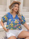Plus Size Printed Notched Short Sleeve Blouse - Trendsi - Flyclothing LLC