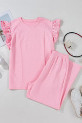 Textured Pearled Ruffled Sleeve Top and Wide Leg Pants Set - Trendsi - Flyclothing LLC