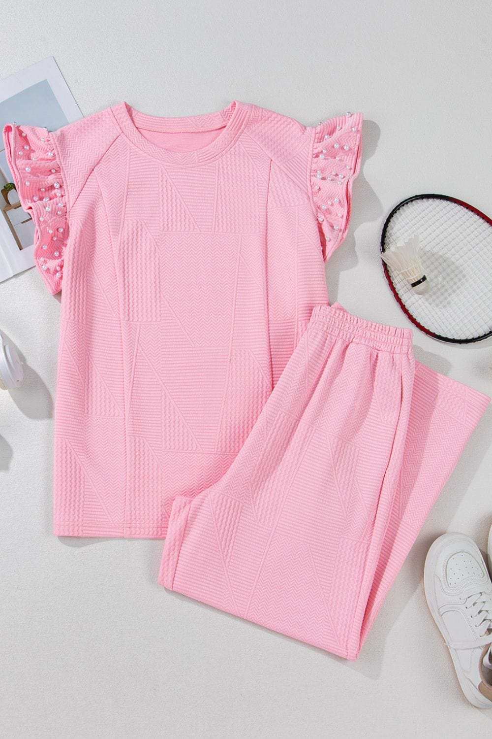 Textured Pearled Ruffled Sleeve Top and Wide Leg Pants Set - Trendsi - Flyclothing LLC