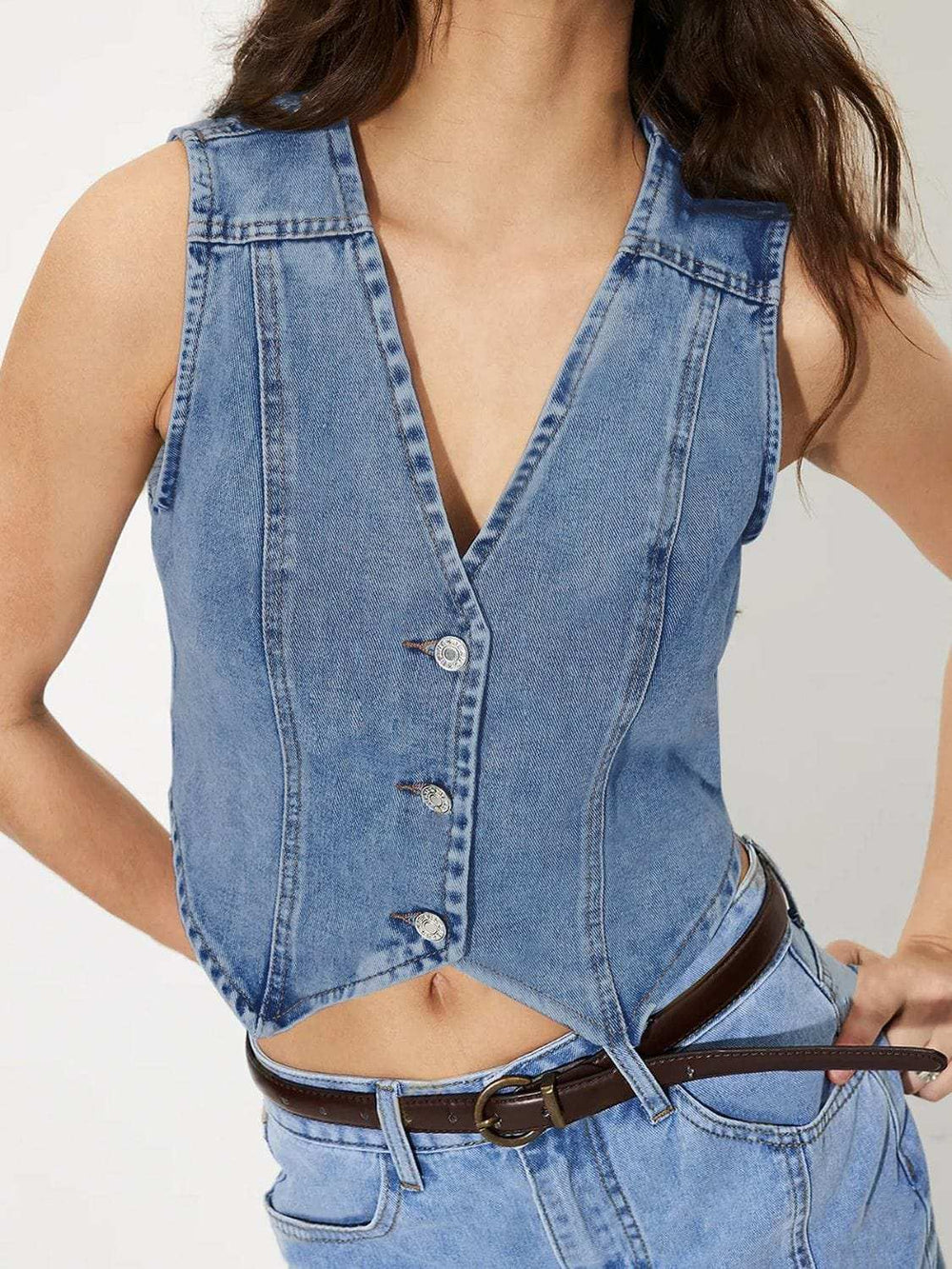 V-Neck Button Up Denim Vest - Trendsi - Flyclothing LLC