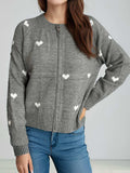 Heart Round Neck Zip Up Cardigan - Trendsi - Flyclothing LLC