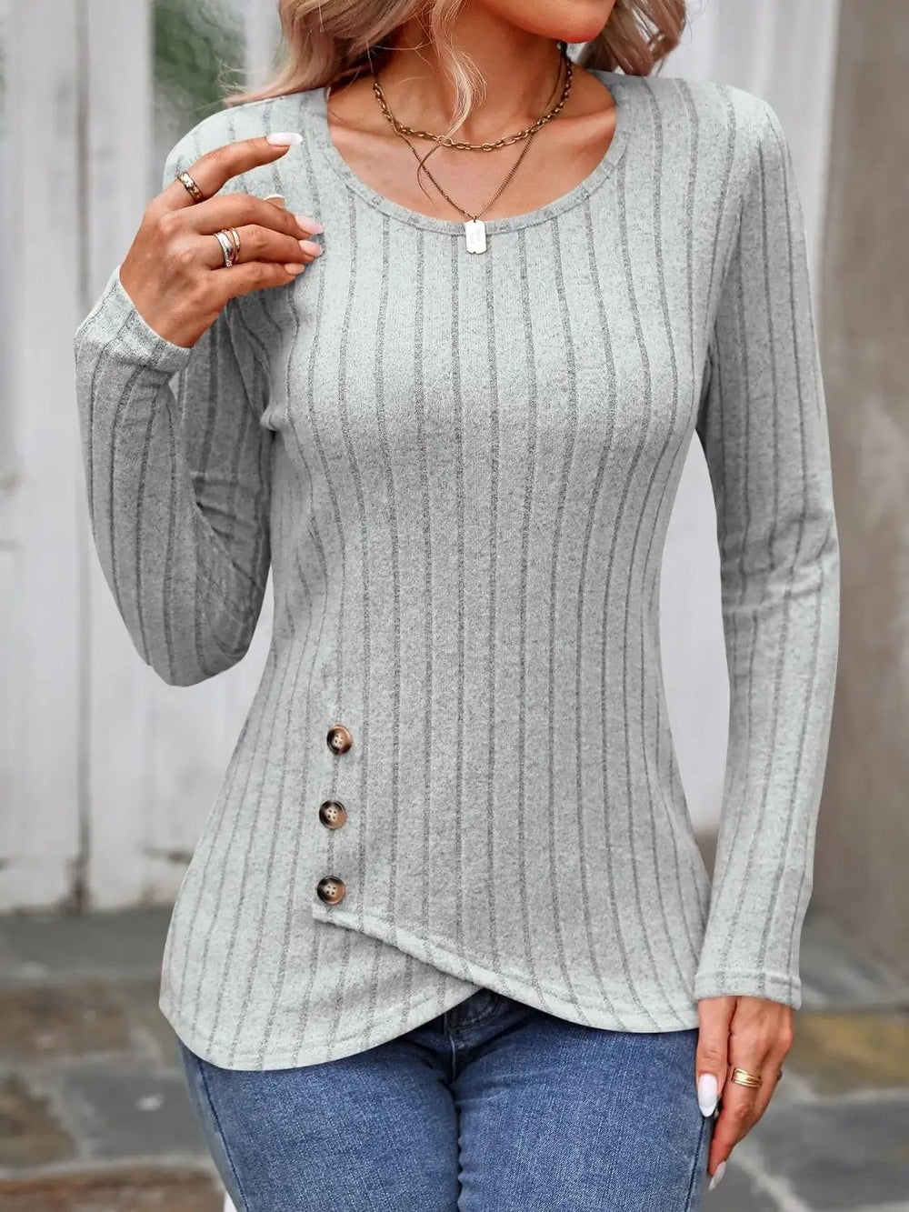 Decorative Button Round Neck Long Sleeve T-Shirt - Trendsi
