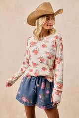 BiBi Floral Print Washed Waffle Thermal Top With Thumb - Trendsi - Flyclothing LLC