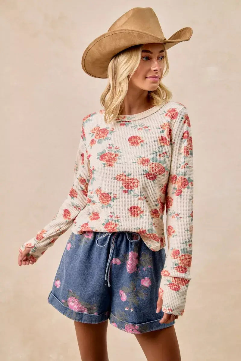 BiBi Floral Print Washed Waffle Thermal Top With Thumb - Trendsi - Flyclothing LLC