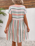 Striped V-Neck Short Sleeve Dress - Trendsi