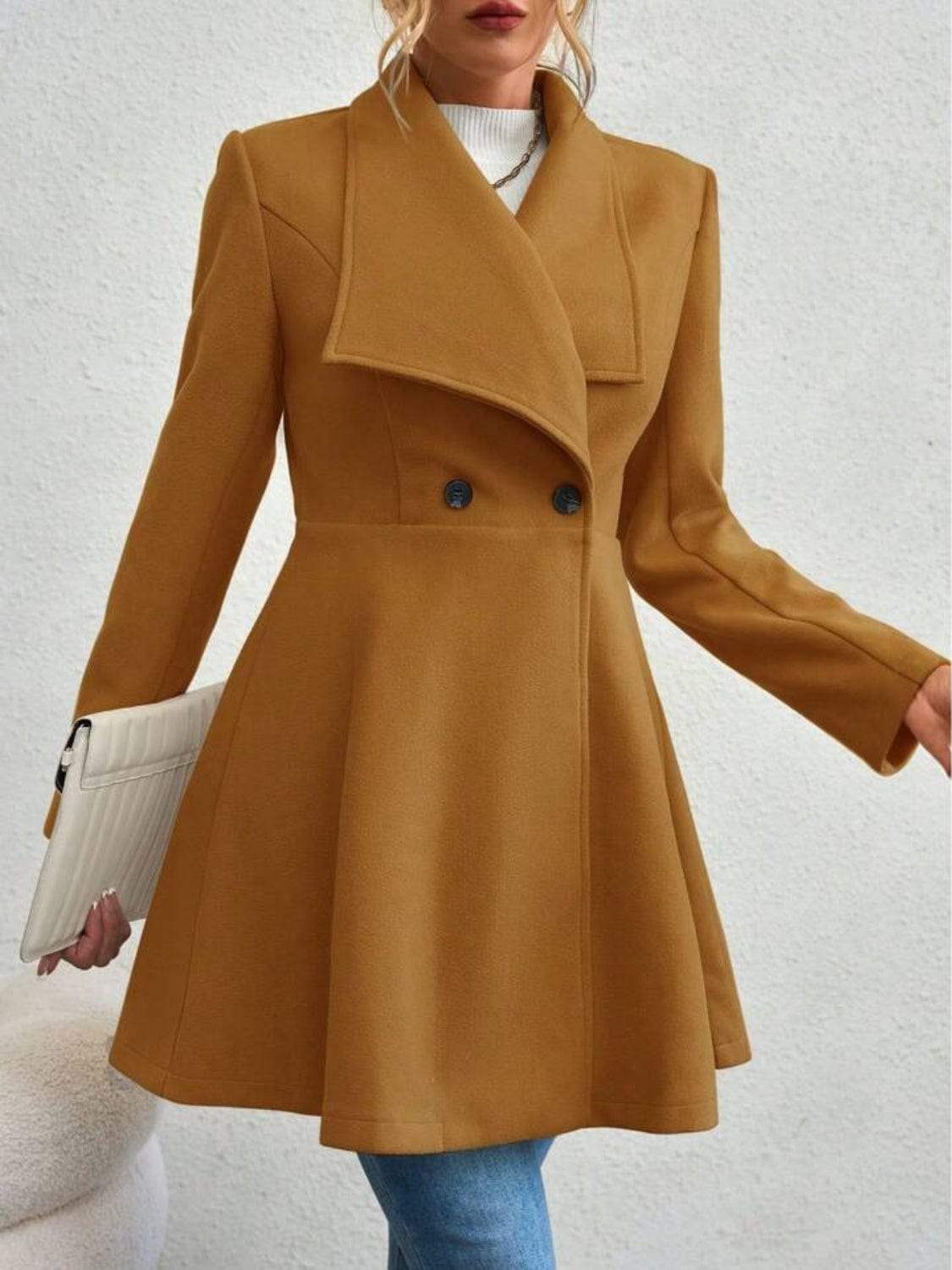 Collared Neck Button Up Long Sleeve Coat - Trendsi - Flyclothing LLC