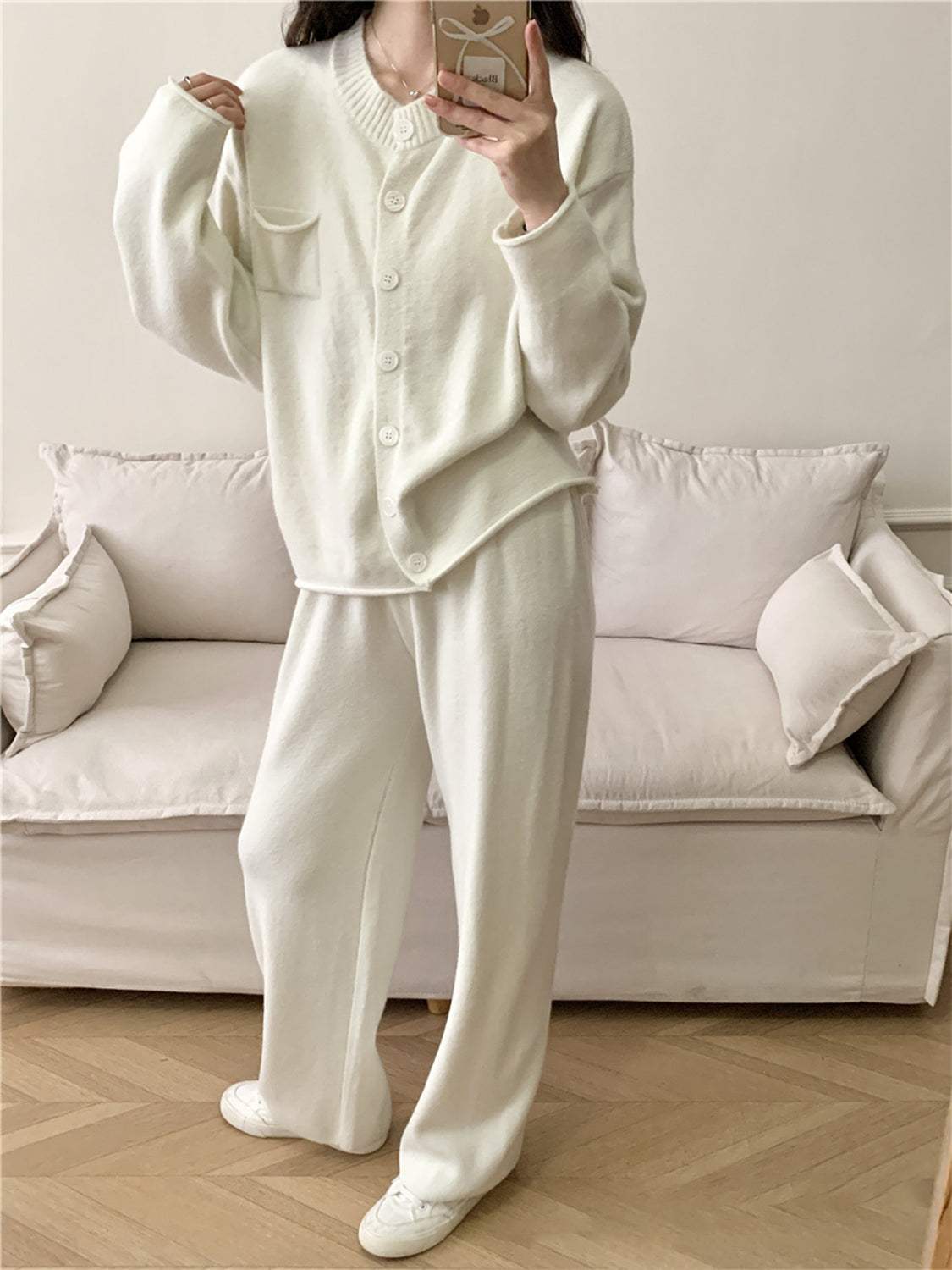 Pocketed Round Neck Button Up Cardigan and Pants Sweater Set - Trendsi - Flyclothing LLC