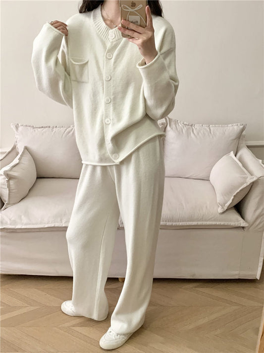 Pocketed Round Neck Button Up Cardigan and Pants Sweater Set - Trendsi