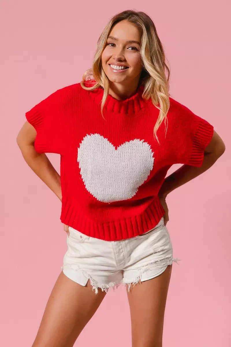 BiBi Rib Banded Heart Pattern Valentines Sweater - Trendsi - Flyclothing LLC