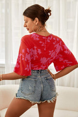 Printed Plunge Half Sleeve Blouse - Trendsi - Flyclothing LLC