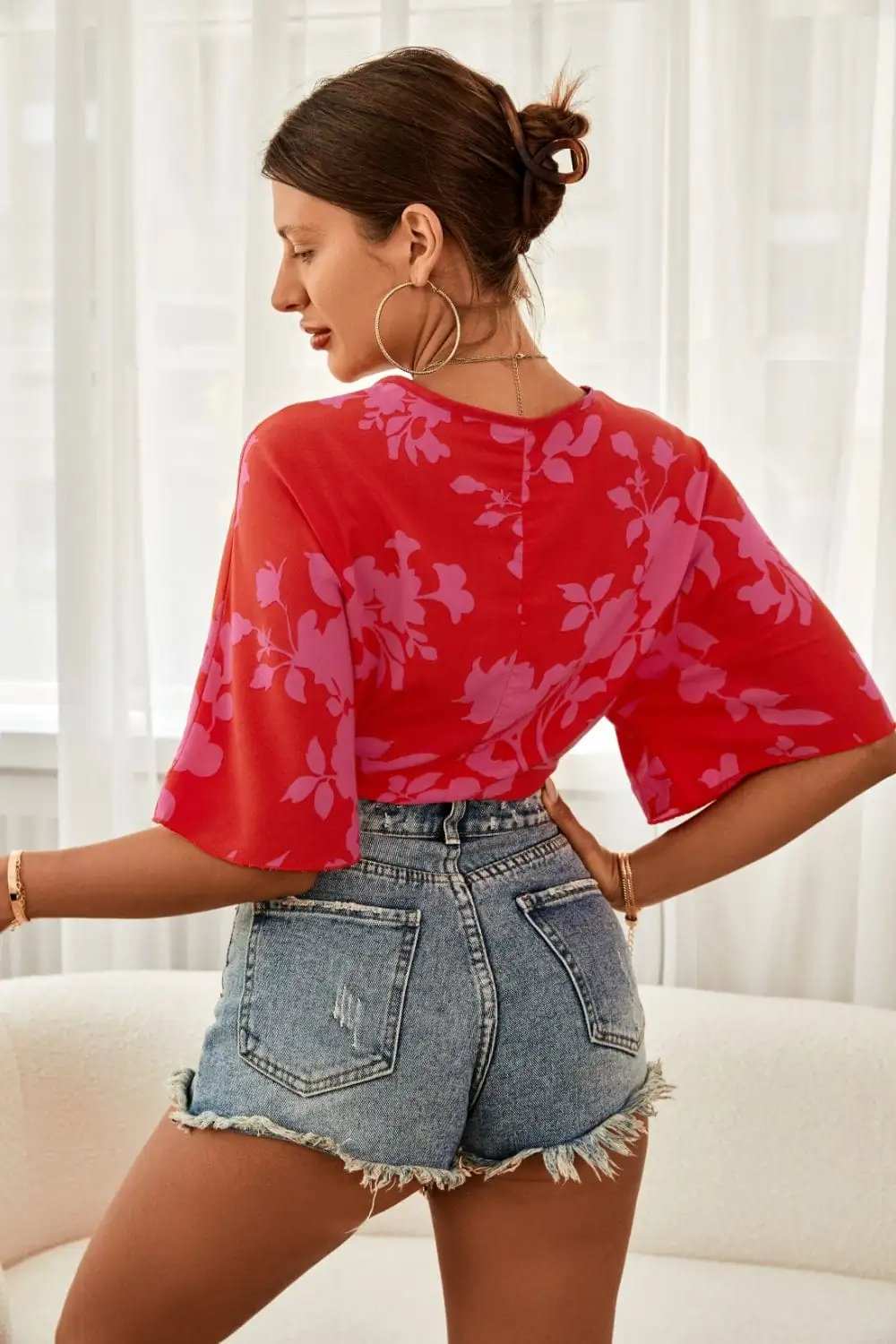 Printed Plunge Half Sleeve Blouse - Trendsi - Flyclothing LLC