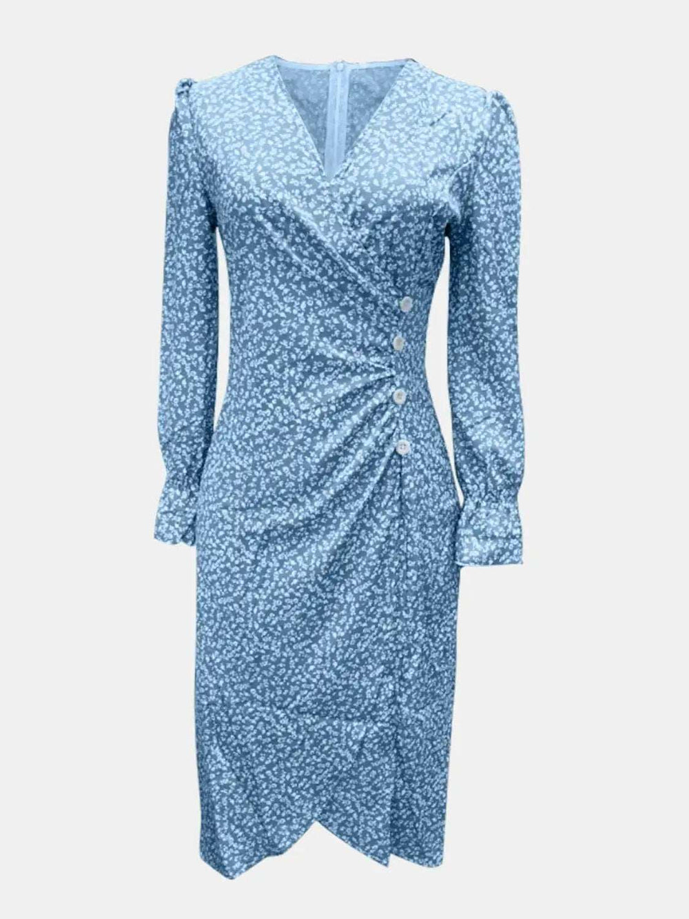 Full Size Printed Surplice Long Sleeve Midi Dress - Trendsi - Flyclothing LLC
