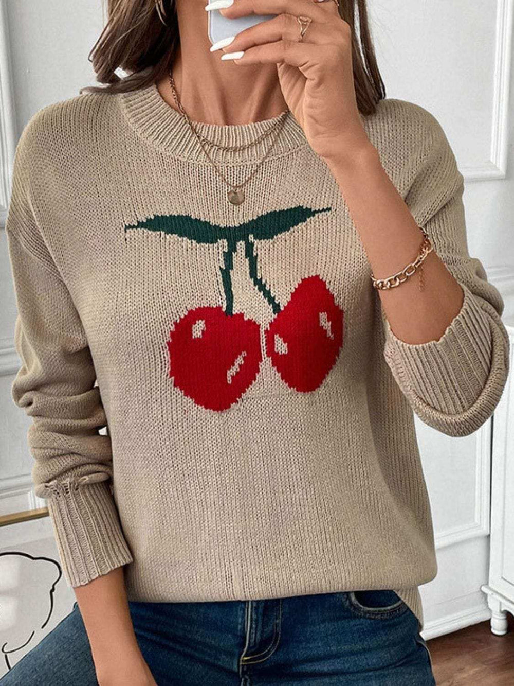 Perfee Cherry Round Neck Long Sleeve Sweater - Trendsi - Flyclothing LLC