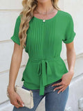 Tied Pleated Round Neck Short Sleeve Top - Trendsi - Flyclothing LLC