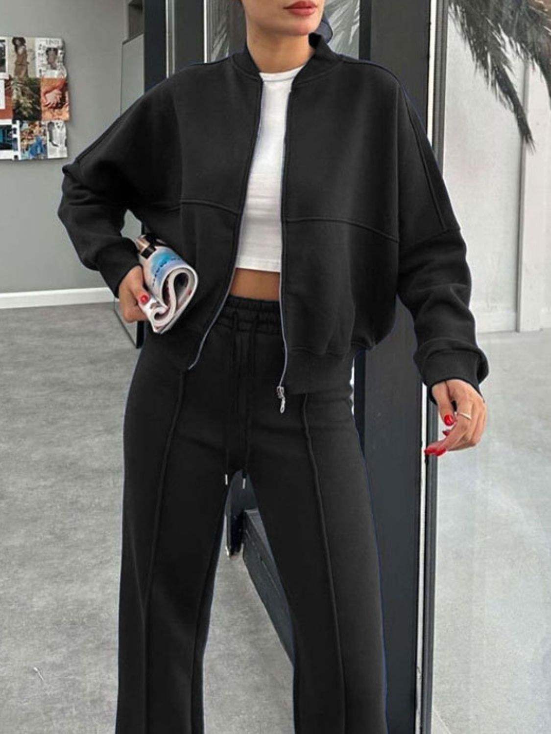Baseball Collar Zip Up Outerwear and Drawstring Pants Set - Trendsi - Flyclothing LLC