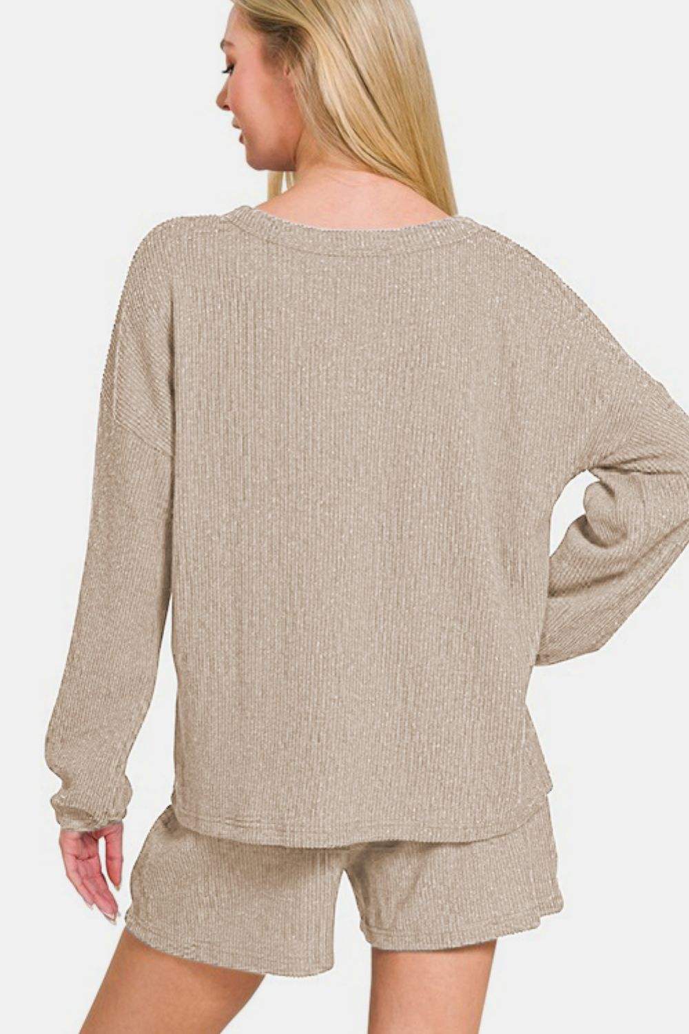 Zenana V-Neck Long Sleeve Ribbed Top and Shorts Set - Trendsi - Flyclothing LLC