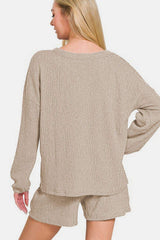 Zenana V-Neck Long Sleeve Ribbed Top and Shorts Set - Trendsi - Flyclothing LLC