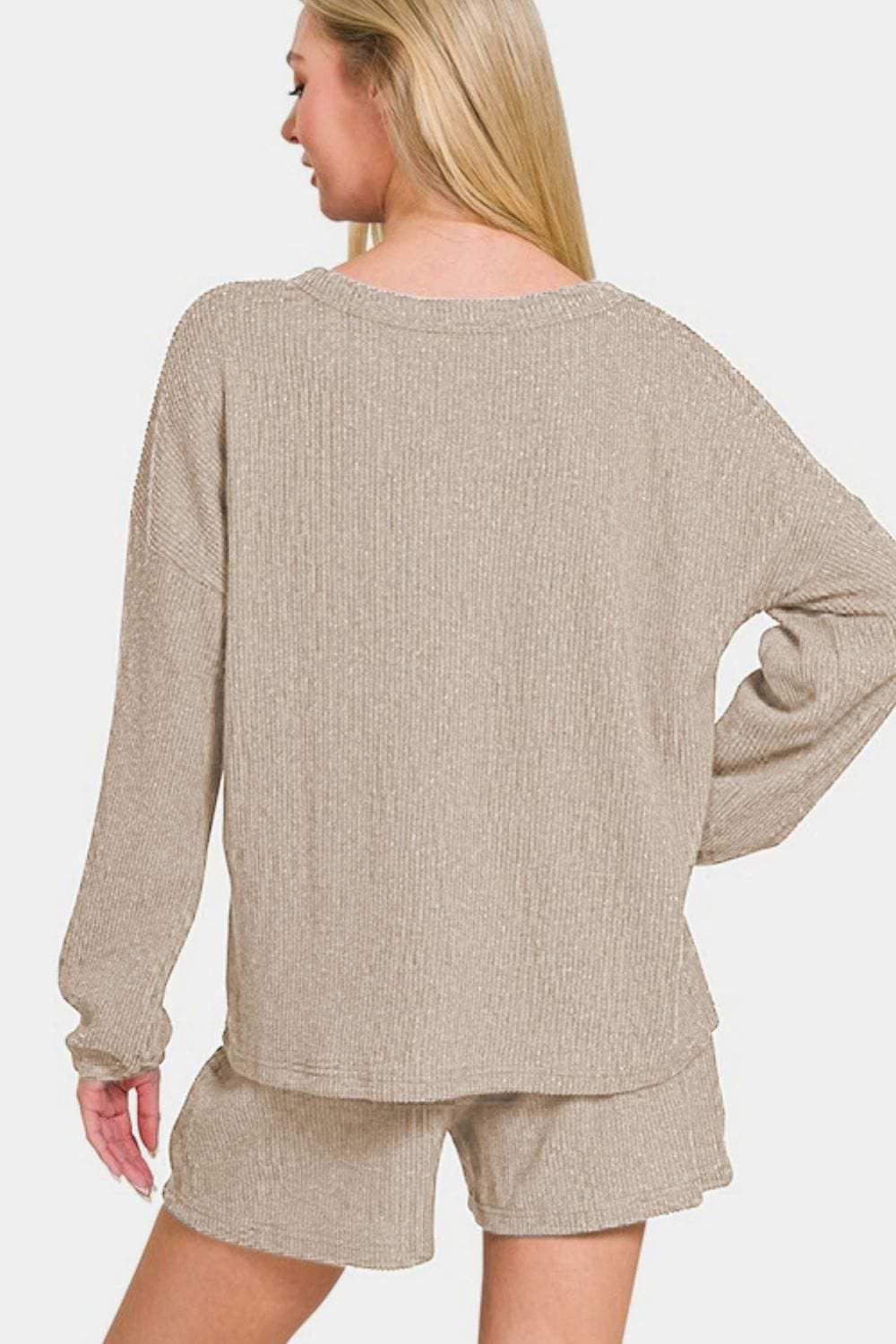 Zenana V-Neck Long Sleeve Ribbed Top and Shorts Set - Trendsi - Flyclothing LLC