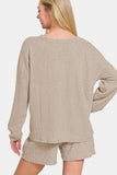 Zenana V-Neck Long Sleeve Ribbed Top and Shorts Set - Trendsi