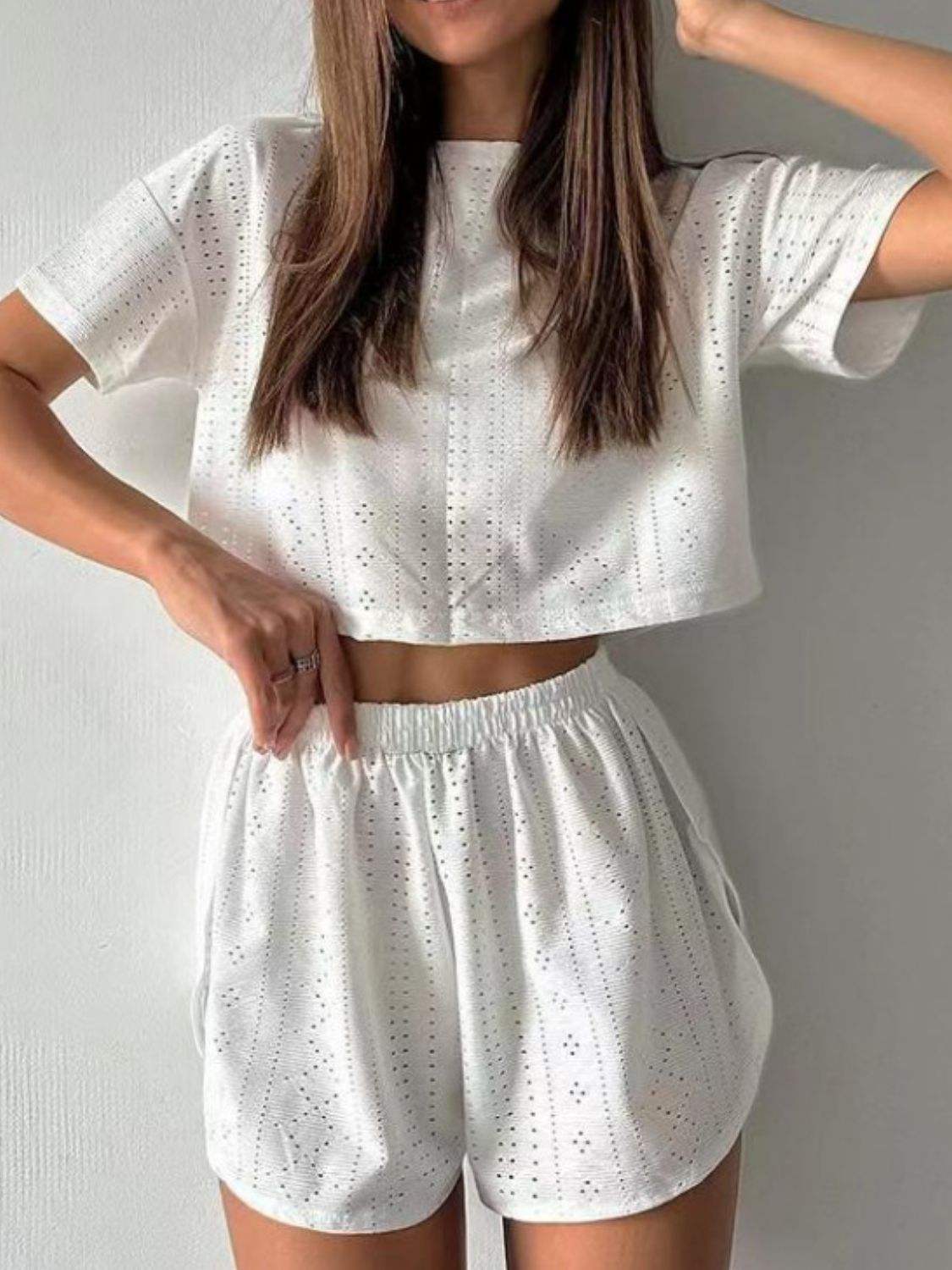 Eyelet Round Neck Top and Shorts Set - Trendsi - Flyclothing LLC
