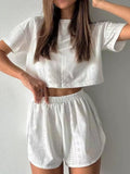 Eyelet Round Neck Top and Shorts Set - Trendsi