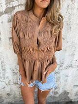 Full Size Smocked Puff Sleeve Blouse Plus Size - Trendsi - Flyclothing LLC