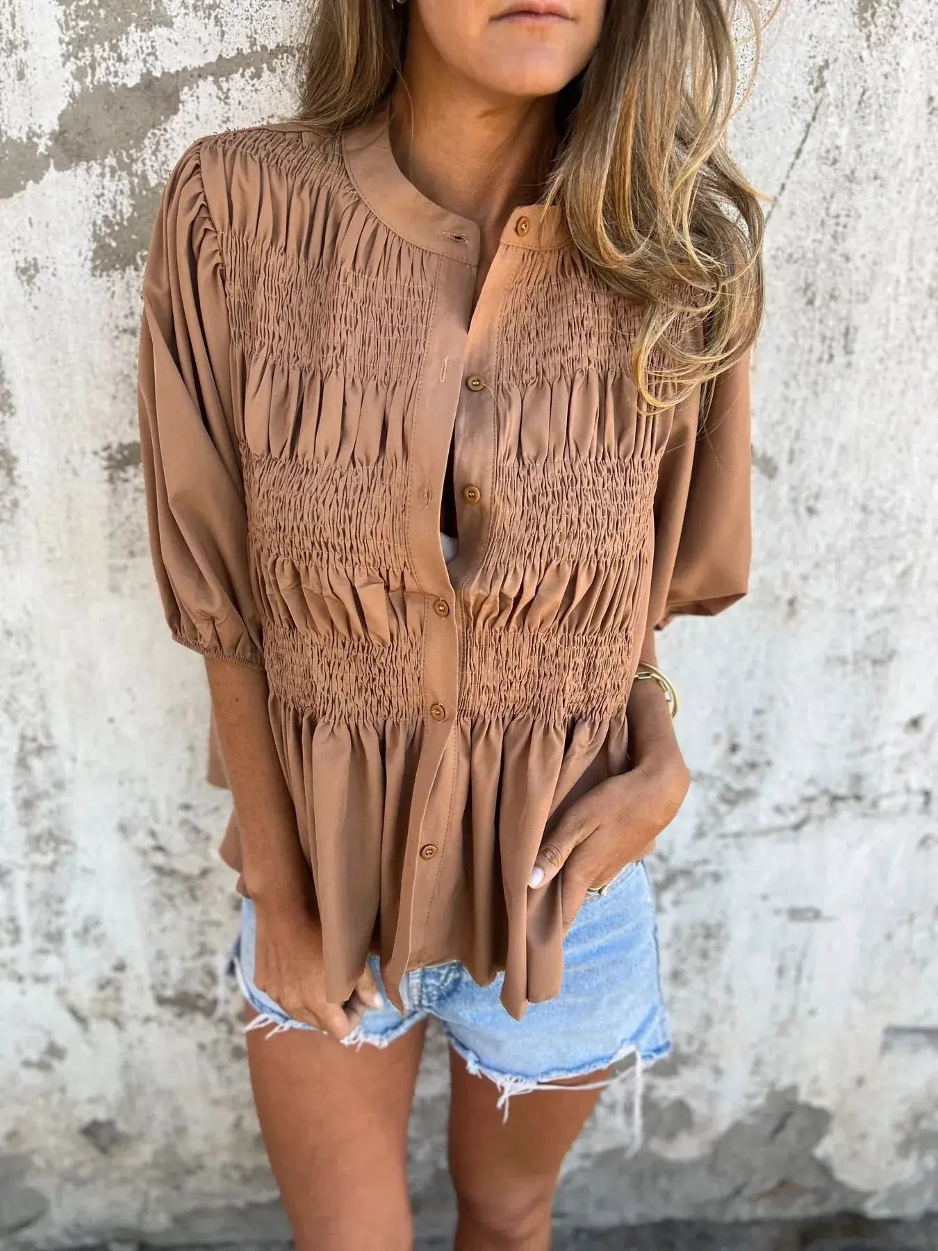 Full Size Smocked Puff Sleeve Blouse Plus Size - Trendsi - Flyclothing LLC