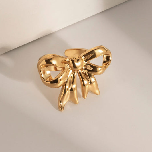 18K Gold-Plated Stainless Steel Bow Ring - Trendsi