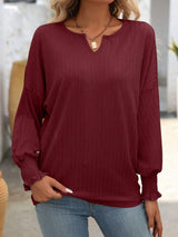 Textured Notched Lantern Sleeve T-Shirt - Trendsi - Flyclothing LLC
