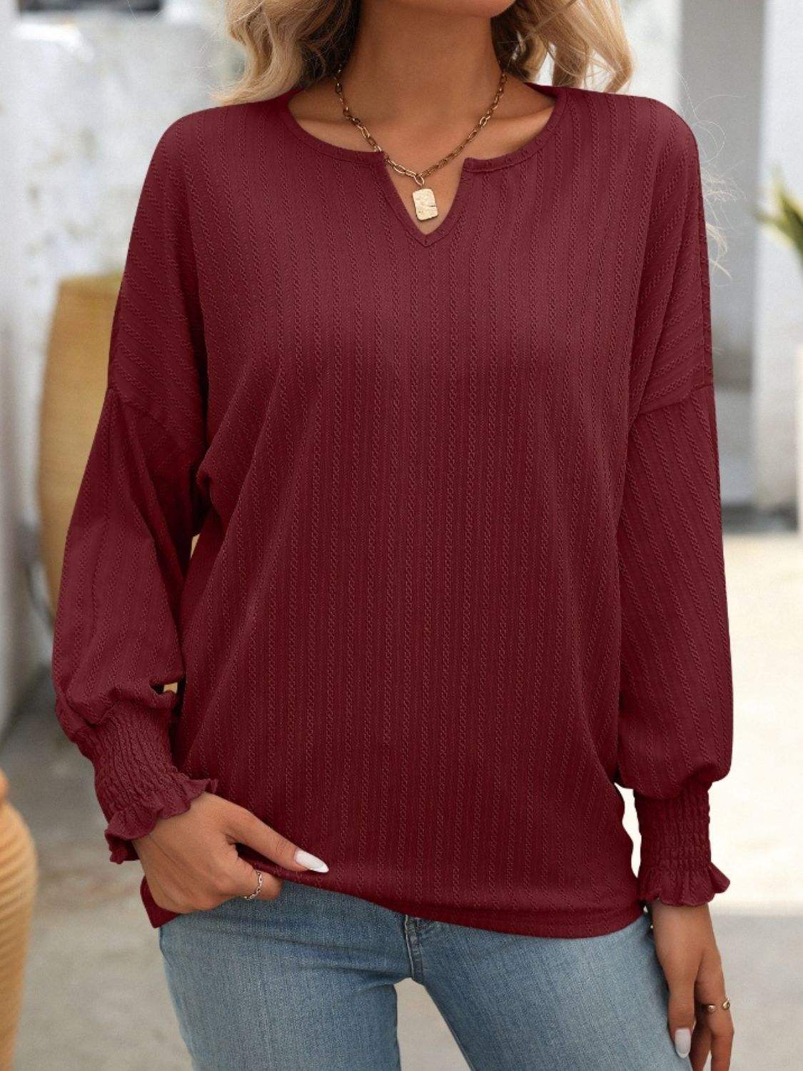 Textured Notched Lantern Sleeve T-Shirt - Trendsi - Flyclothing LLC