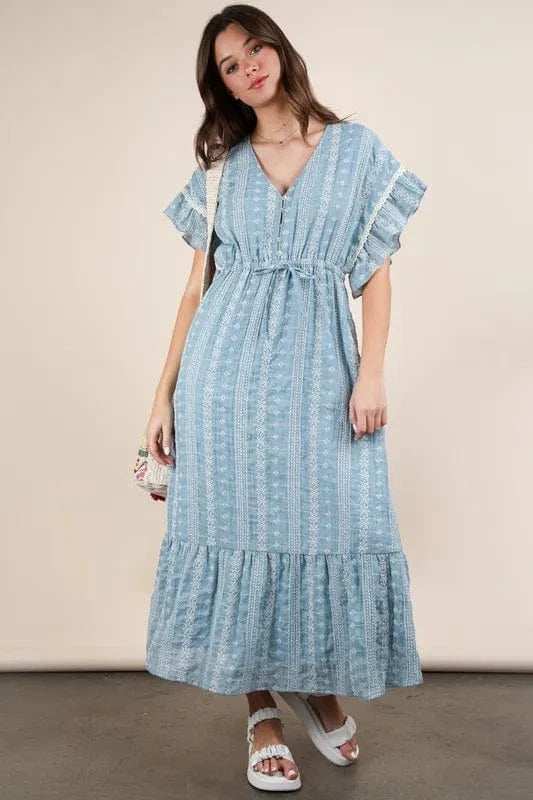 VERY J Embroidered Boho Ruffled Midi Dress - Trendsi - Flyclothing LLC