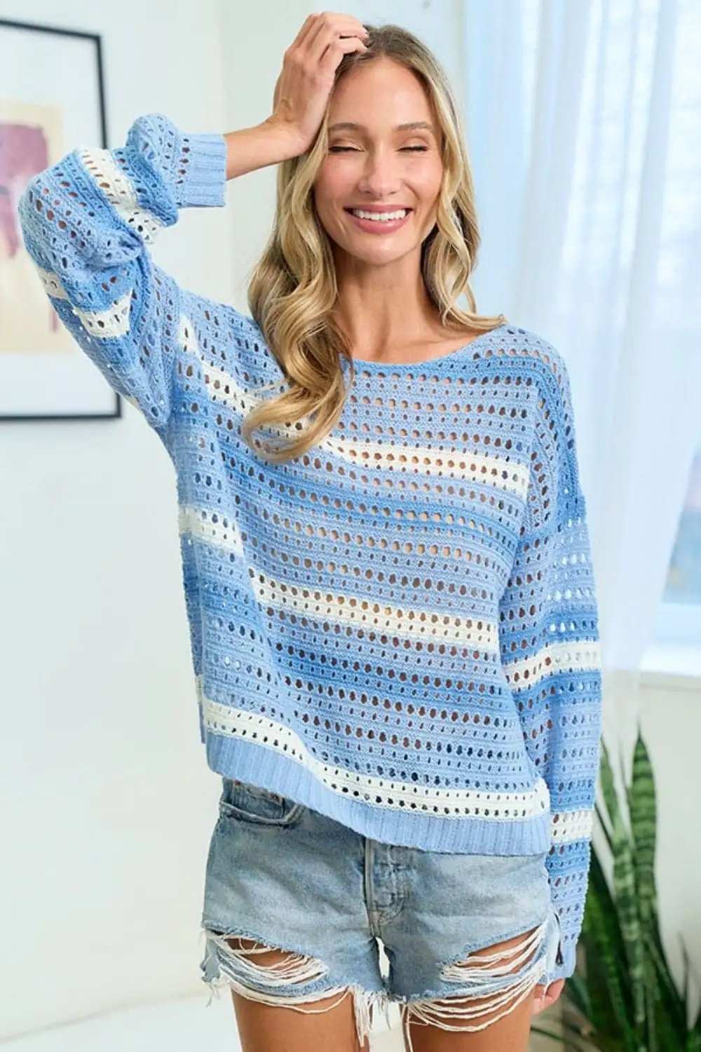 First Love Striped Long Sleeve Openwork Knit Top - Trendsi - Flyclothing LLC