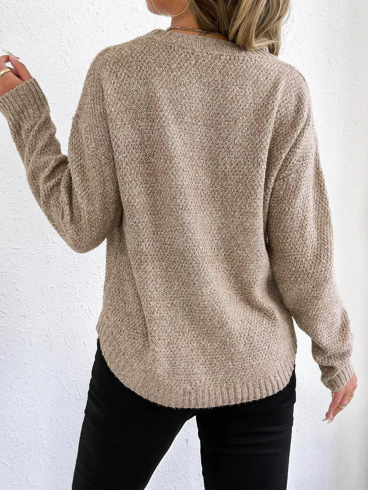 Textured Knit Relaxed Fit Round Neck Sweater - Trendsi - Flyclothing LLC