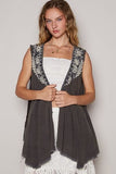 POL Embroidered Pearls Open Front Sleeveless Cardigan - Trendsi
