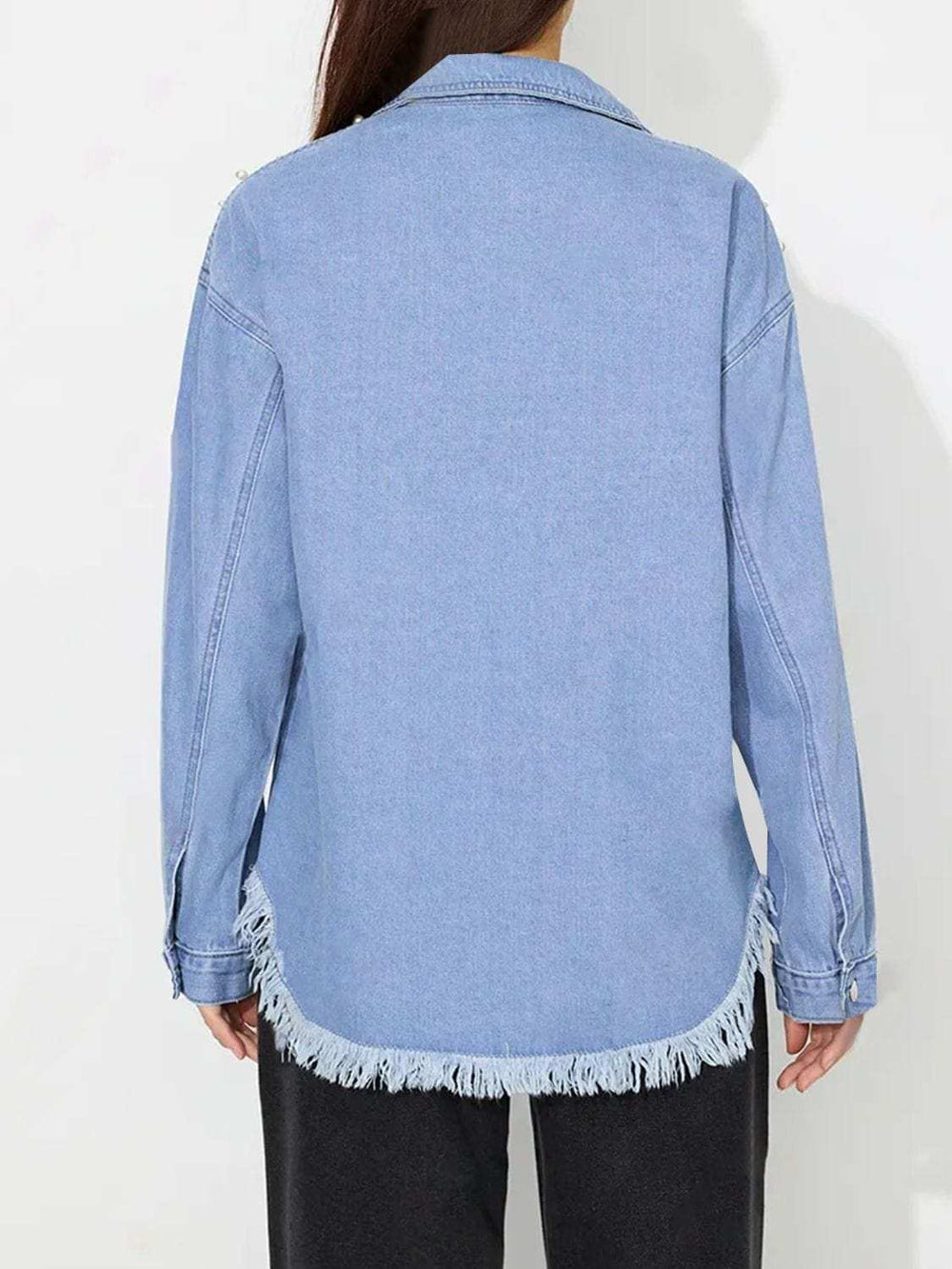 Raw Hem Pearl Trim Collared Neck Denim Top - Trendsi - Flyclothing LLC