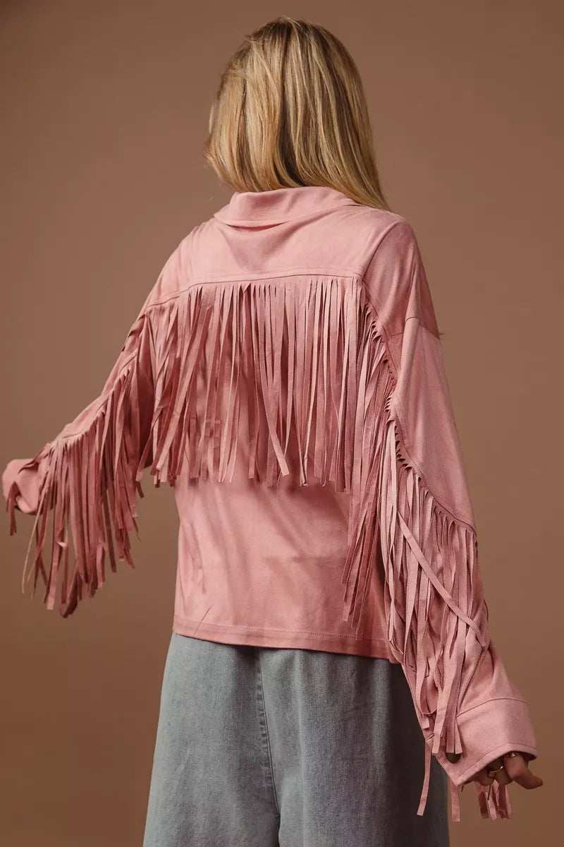 BiBi Suede Fringe Long Sleeve Jacket - Trendsi - Flyclothing LLC