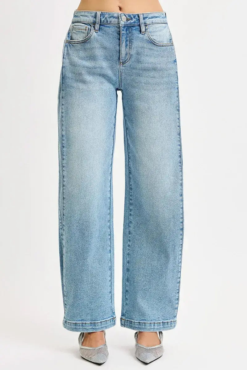 RISEN Mid Rise Wide Barrel Transferable Leg Snap Jeans - Trendsi - Flyclothing LLC