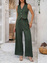 Devine Button Down Vest and Wide Leg Pants Set - Trendsi - Flyclothing LLC