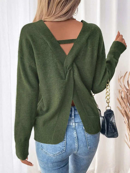 Perfee Twisted V-Neck Long Sleeve Sweatshirt - Trendsi - Flyclothing LLC