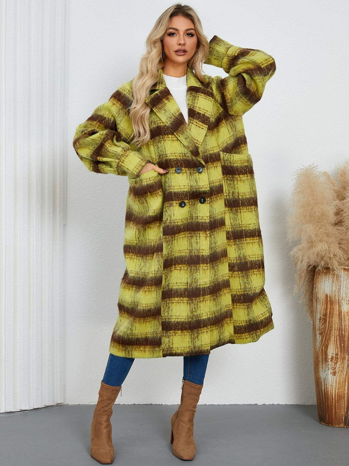 Contrast Double-Breasted Long Sleeve Longline Coat - Trendsi - Flyclothing LLC