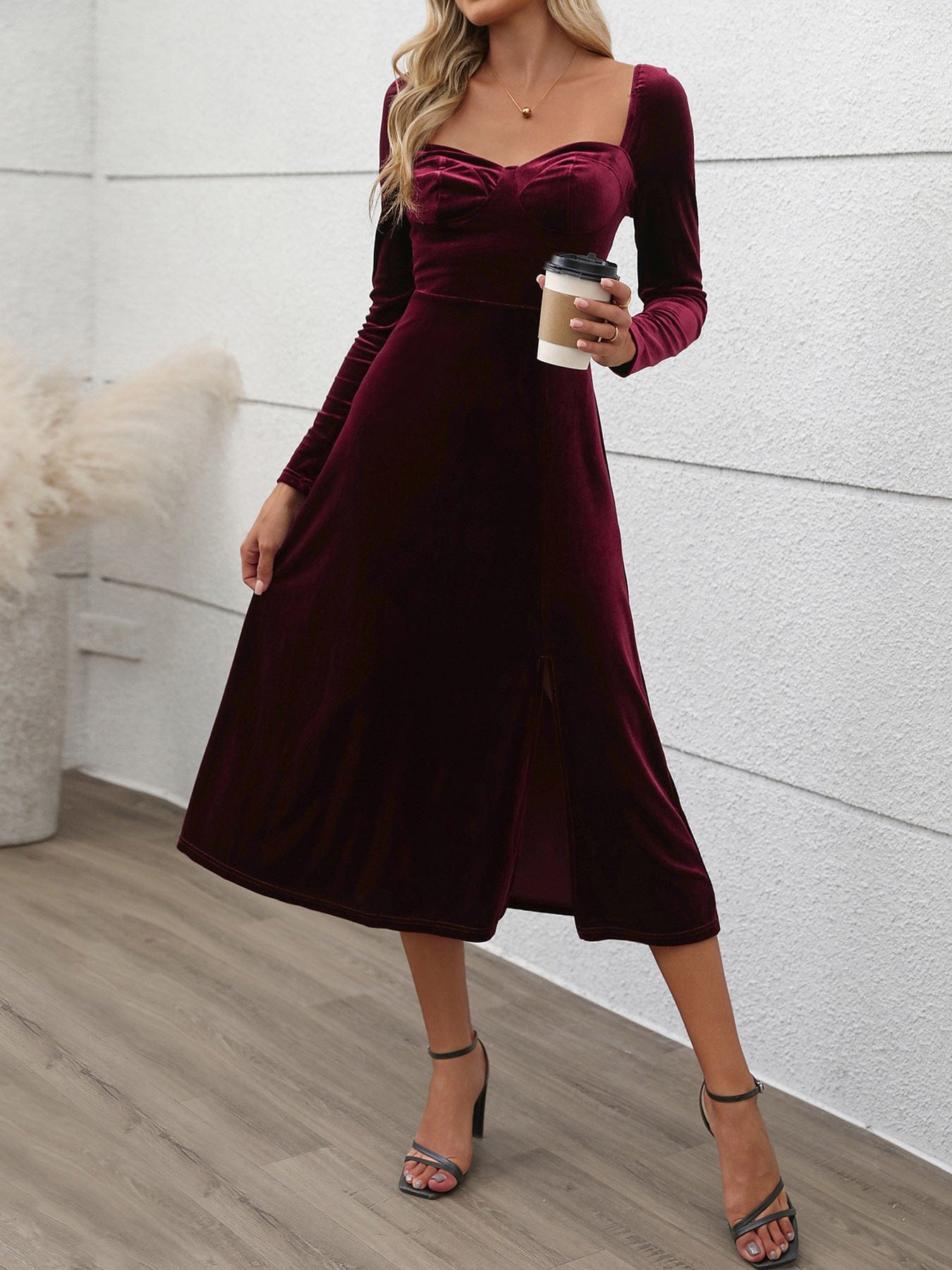 Perfee Sweetheart Neck Long Sleeve Midi Dress - Trendsi