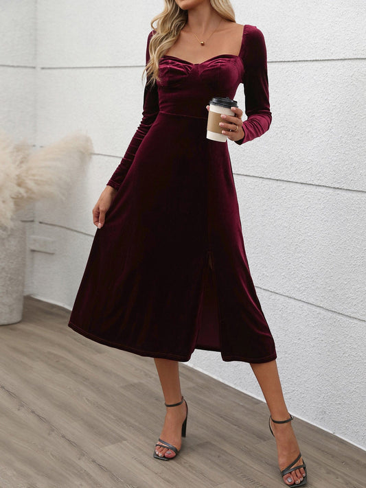 Perfee Sweetheart Neck Long Sleeve Midi Dress - Trendsi