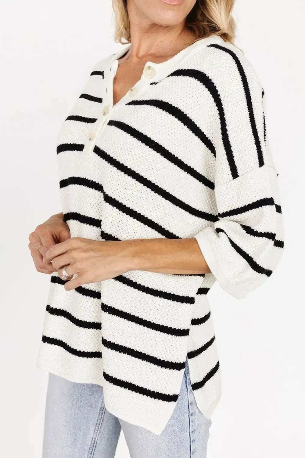 Stripe Drop Shoulder Side Slit Knit Top - Trendsi - Flyclothing LLC